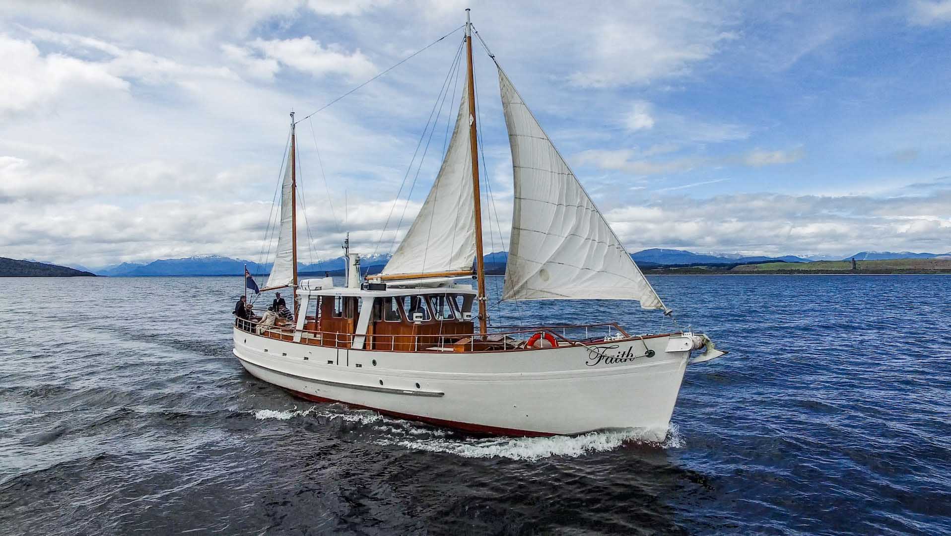 Lake Te Anau Sunset Cruise and champagne on heritage yacht